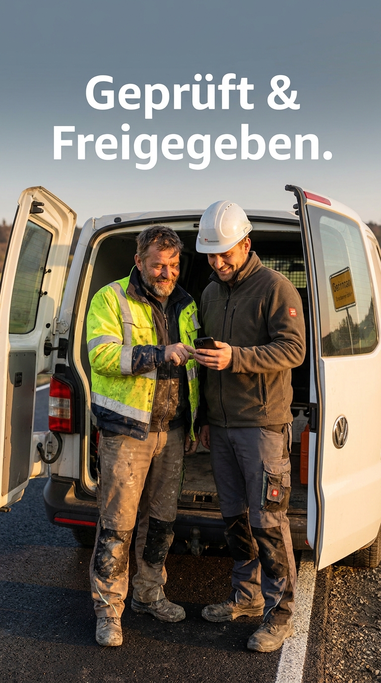 Zwei Arbeiter prüfen Mobiltelefon